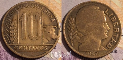 Аргентина 10 сентаво 1947 года, KM# 41, 184a-005