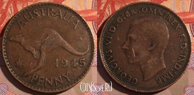 Австралия 1 пенни 1945 года, KM# 36, 193a-116 ♛