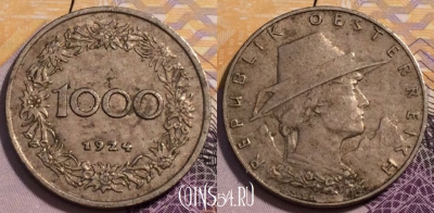 Австрия 1000 крон 1924 года, KM# 2834, 232-089