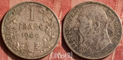 Бельгия 1 франк 1909 г. Ag, DES BELGES, KM# 56, 369o-128