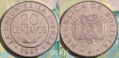 Боливия 20 сентаво 1997 года, KM# 203, a090-119