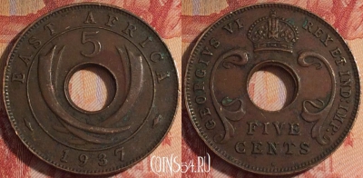 Восточная Африка 5 центов 1937 года, KM# 25, 155a-100