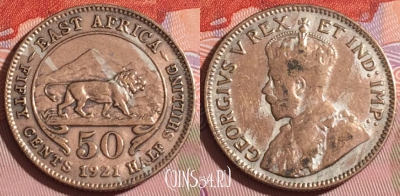 Восточная Африка 50 центов 1921 года Ag, KM# 20, 164c-116