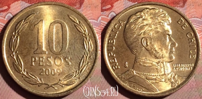 Чили 10 песо 2009 года, KM# 228, 168f-055