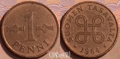 Финляндия 1 пенни 1964 года, KM# 44, 450-064