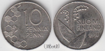 Финляндия 10 пенни 1991 года, KM# 65, 125-101