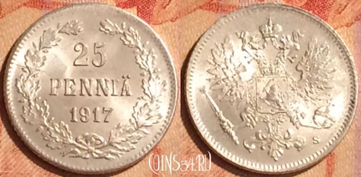 Финляндия 25 пенни 1917 года Ag, KM# 6.2, 111o-064