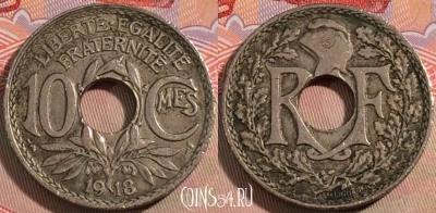 Франция 10 сантимов 1918 года, KM# 866a, 130b-035