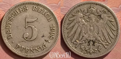 Германия (Империя) 5 пфеннигов 1908 D, KM# 11, 340l-080