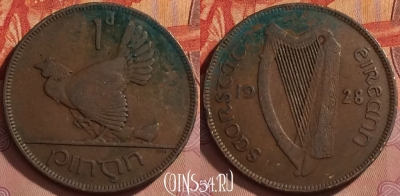 Ирландия 1 пенни 1928 года, KM# 3, 370k-114