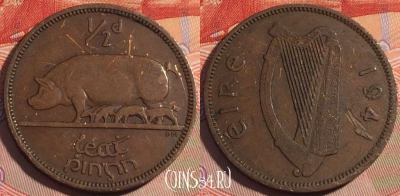 Ирландия 1/2 пенни 1941 года, KM# 10, 196a-105