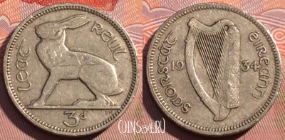 Ирландия 3 пенса 1934 года, KM# 4, 078b-040