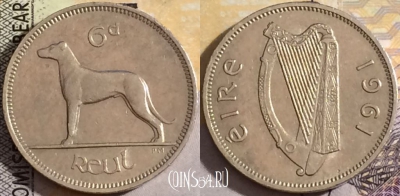 Ирландия 6 пенсов 1961 года, KM# 13a, 157-015