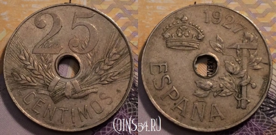 Испания 25 сентимо 1927 года, KM# 742, 234-029