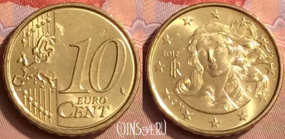 Италия 10 евроцентов 2012 года, KM# 247, 412-015