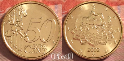 Италия 50 евроцентов 2002 года, KM# 215, UNC, 107k-075
