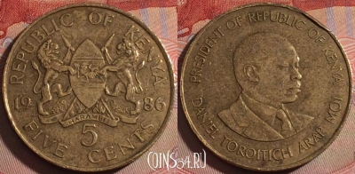 Кения 5 центов 1986 года, редкая, KM# 17, 140b-140