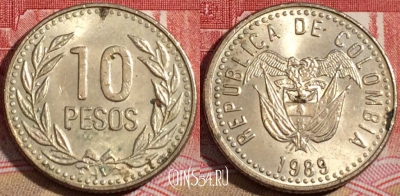 Колумбия 10 песо 1989 года, KM# 281, 218-105