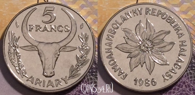 Мадагаскар 5 франков 1986 года, KM# 10, 235-009