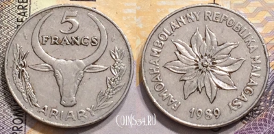 Мадагаскар 5 франков 1989 года, KM# 10, 152-047
