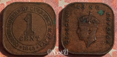 Малайя британская 1 цент 1943 года, KM# 6, 376-134
