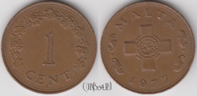 Мальта 1 цент 1977 года, KM# 8, 122-043