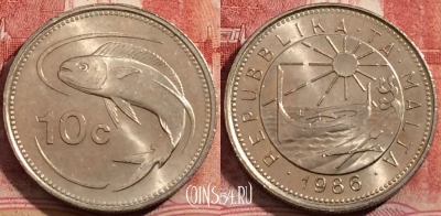 Мальта 10 центов 1986 года, KM# 76, 208-104