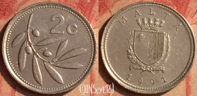 Мальта 2 цента 1991 года, KM# 94, 437-040