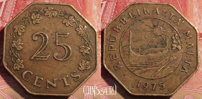 Мальта 25 центов 1975 года, KM# 29, 075c-029