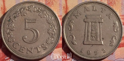 Мальта 5 центов 1972 года, KM# 10, 085b-060