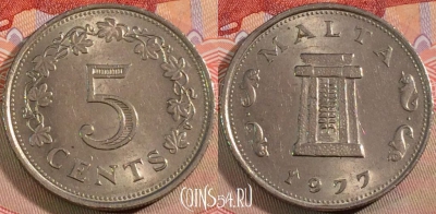 Мальта 5 центов 1977 года, KM# 10, 132a-073
