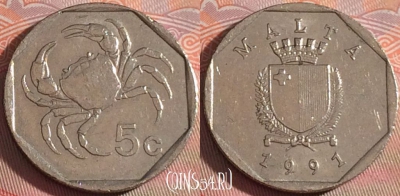 Мальта 5 центов 1991 года, KM# 95, 120b-079