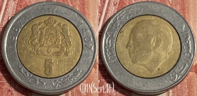 Марокко 5 дирхамов 1987 года (1407), Y# 82, 413p-056