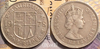 Маврикий 1 рупия 1978 года, Elizabeth II, KM# 35, 146-110