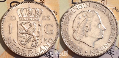 Монета Нидерланды 1 гульден 1963 года, Ag, KM# 184, b079-113