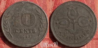 Нидерланды 10 центов 1942 года, KM# 173, 345o-082
