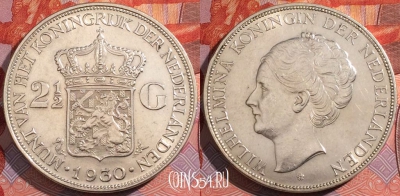 Монета Нидерланды 2,5 гульдена 1930 года, Ag, KM# 165, a117-102