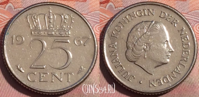 Нидерланды 25 центов 1967 года, KM# 183, 253a-012