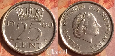 Нидерланды 25 центов 1980 года, KM# 183, 128o-138