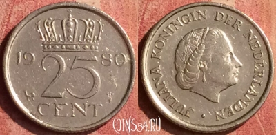 Нидерланды 25 центов 1980 года, KM# 183, 386n-088