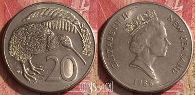 Новая Зеландия 20 центов 1986 года, KM# 62, 454o-074 ♛