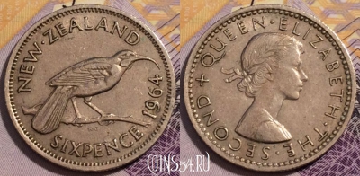 Новая Зеландия 6 пенсов 1964 года, KM# 26.2, 232-064