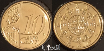 Португалия 10 евроцентов 2008 года, KM# 763, BU, 401l-060