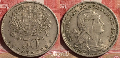 Португалия 50 сентаво 1964 года, KM# 577, 219-028