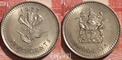 Родезия 5 центов 1977 года, KM# 13, UNC, 246-057