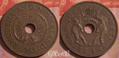 Родезия и Ньясаленд 1 пенни 1955 года, KM# 2, 261k-084