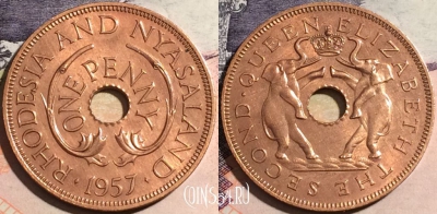 Родезия и Ньясаленд 1 пенни 1957 года, KM# 2, a070-029