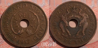 Родезия и Ньясаленд 1 пенни 1957 года, KM# 2, b080-024