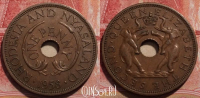 Родезия и Ньясаленд 1 пенни 1958 года, KM# 2, 230-035