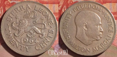 Сьерра-Леоне 20 центов 1964 года, KM# 20, 088b-079